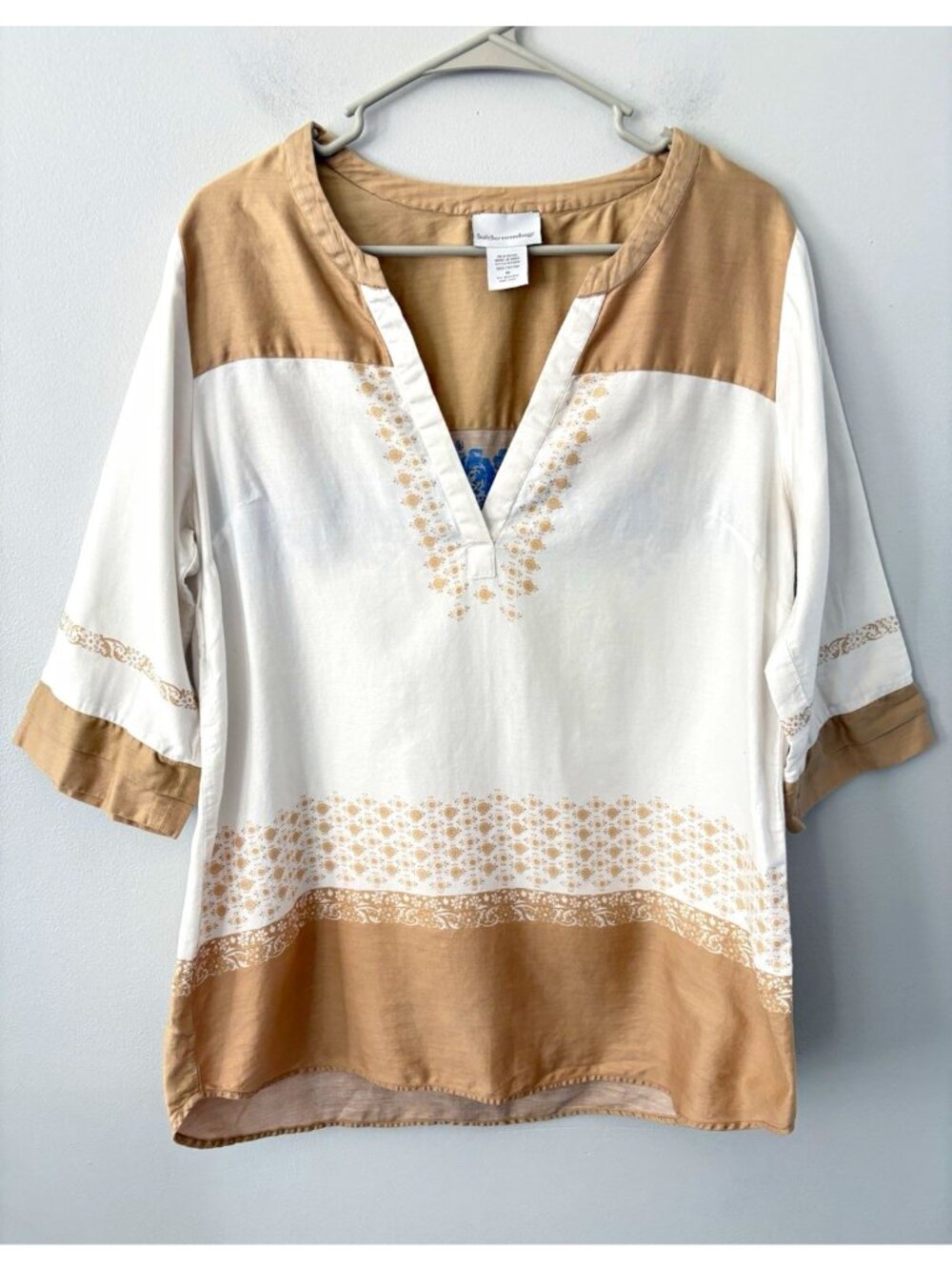 Soft Surroundings Women’s Medium Cotton V-Neck 3/4 Sleeve Floral Tunic Blouse